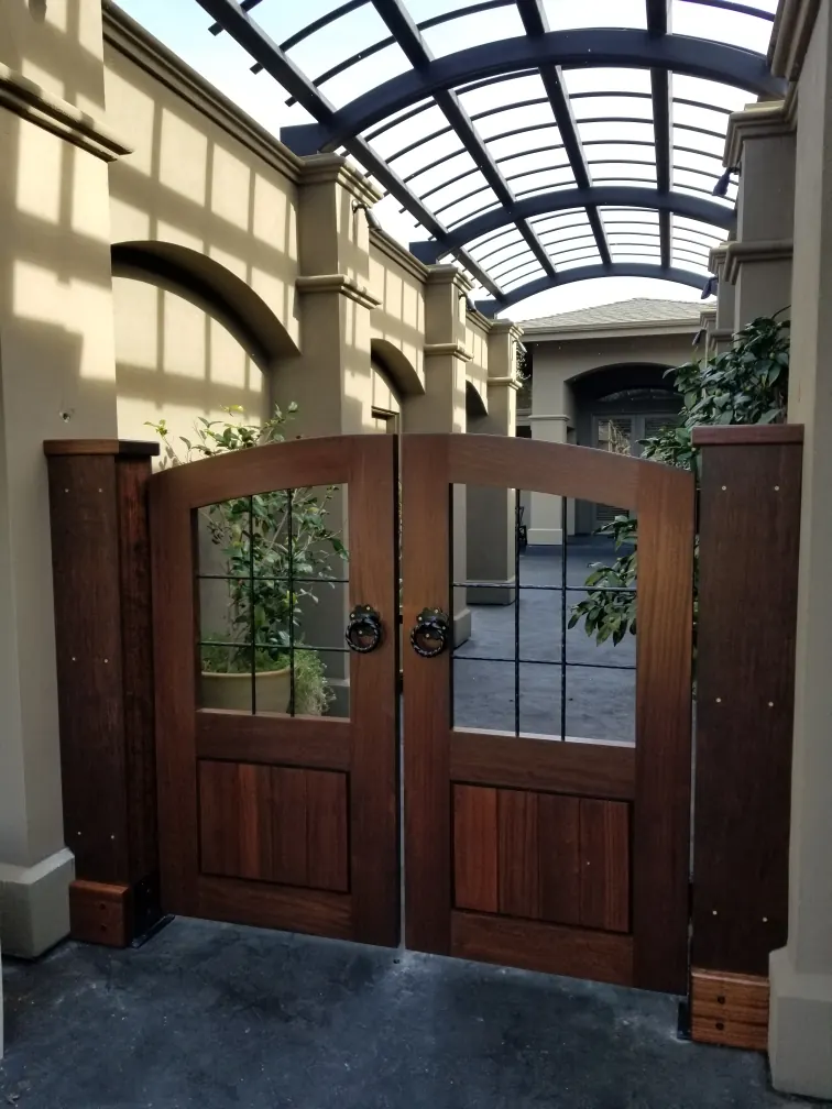 Double Swing Entryway Gate - Decorative Iron Inlay — Northern California - Entryway Gate — handcrafted custom gate by Heartwood Gates, Concord, CA