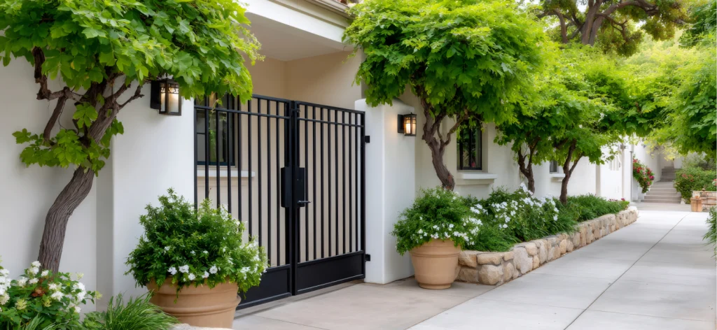 Gated entrance with lush landscaping and walkway